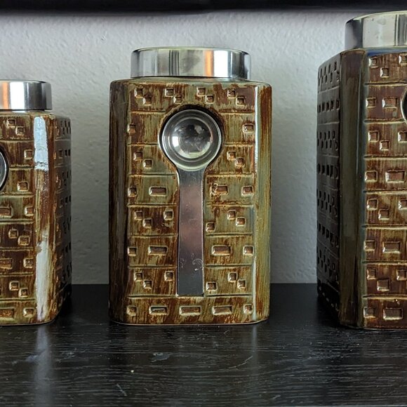 Pier One Imports Stoneware Canister Set Metal Megnet Scoops Textured - Picture 4 of 15